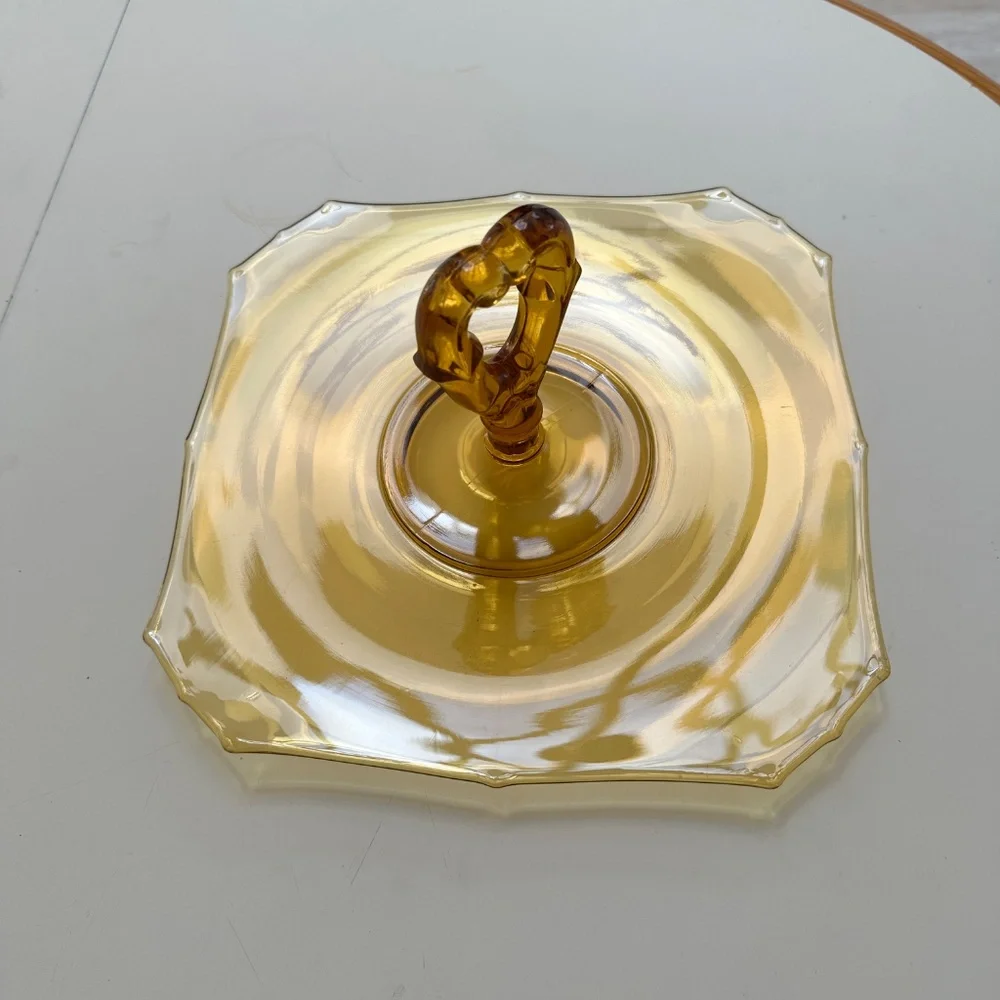 Vintage Amber Glass Serving Plate Center Heart Shaped Handle
